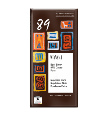 VIVANI's organic and vegan chocolate Superior Dark with 89 percent fine flavour cocoa from Peru and coconut blossom sugar