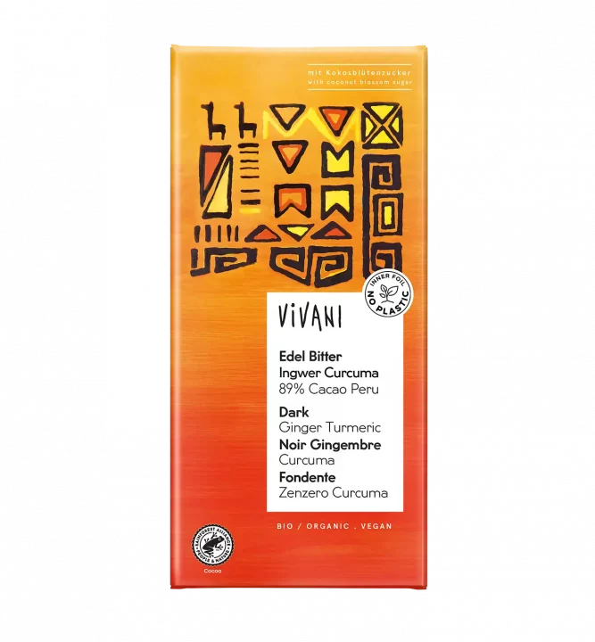 VIVANI's organic Superior Dark Chocolate with ginger, turmeric, coconut blossum sugar and 89 percent cocoa from Peru