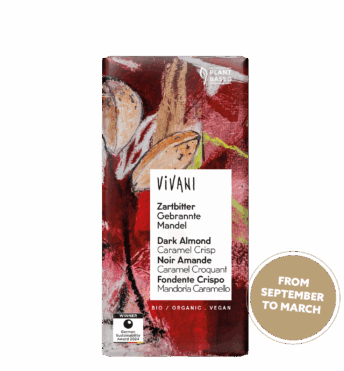 VIVANI’s organic and vegan dark chocolate with almonds, caramel crisp and spices for Christmas.