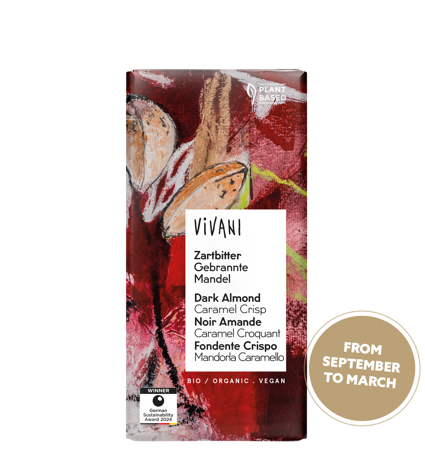 VIVANI’s organic and vegan dark chocolate with almonds, caramel crisp and spices for Christmas.