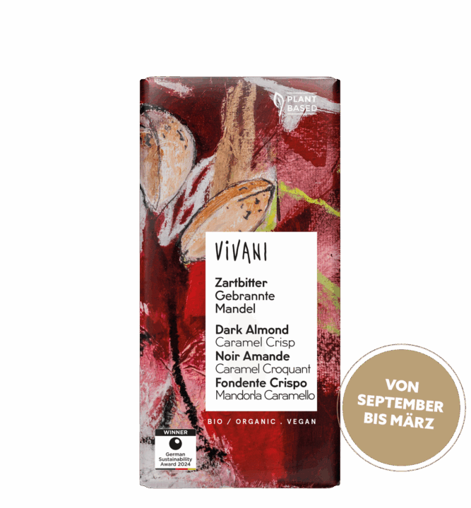 zartbitter-gebrannte-mandel-vegan-vivani-bio-schokolade-saisonal Weihnachtliche, vegane VIVANI Bio-Schokolade mit gebrannten Mandeln und Gewürzen.