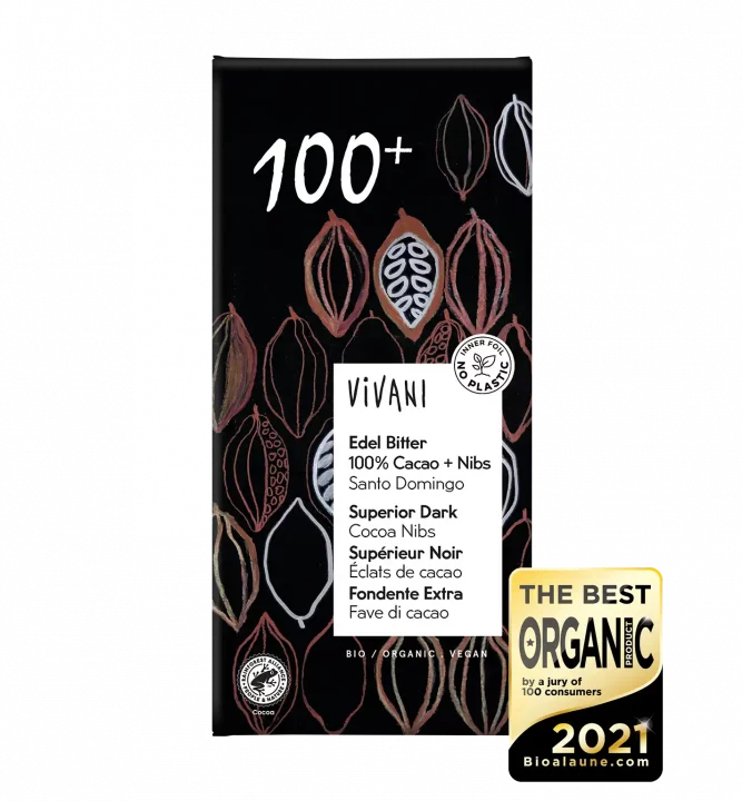 VIVANIs zuckerfreie Bio-Schokolade Edel Bitter 100% mit Cacao Nibs