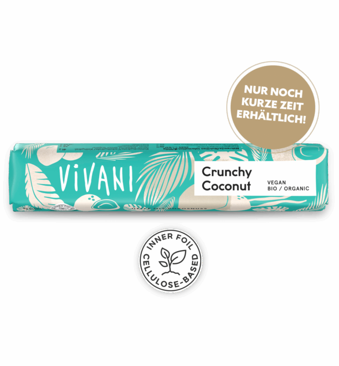 crunchy-coconut-riegel-vegan-vivani-bio-schokolade-kurze-zeit VIVANIs veganer Bio-Schokoladenriegel Crunchy Coconut mit Kokosmus und gerösteten Kokoschips.