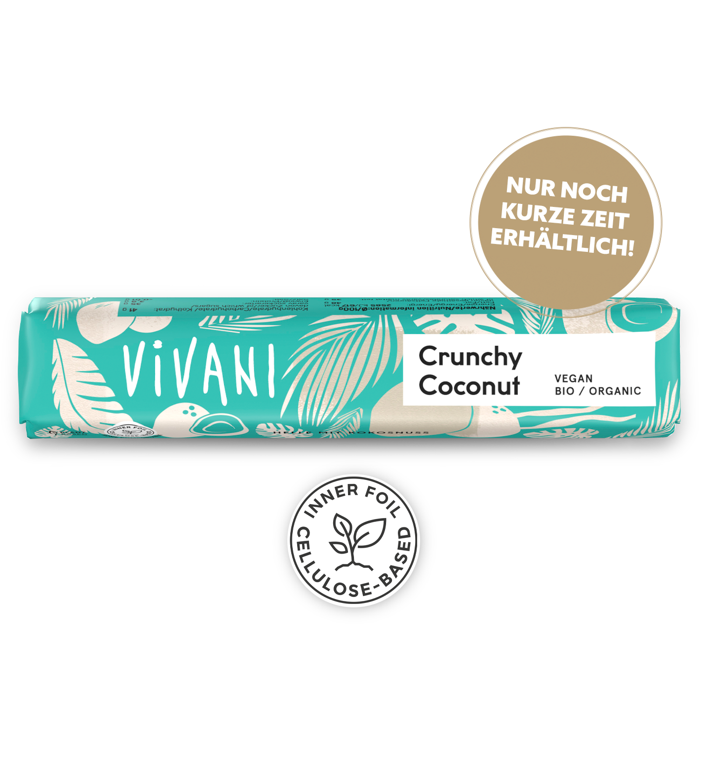 VIVANIs veganer Bio-Schokoladenriegel Crunchy Coconut mit Kokosmus und gerösteten Kokoschips.