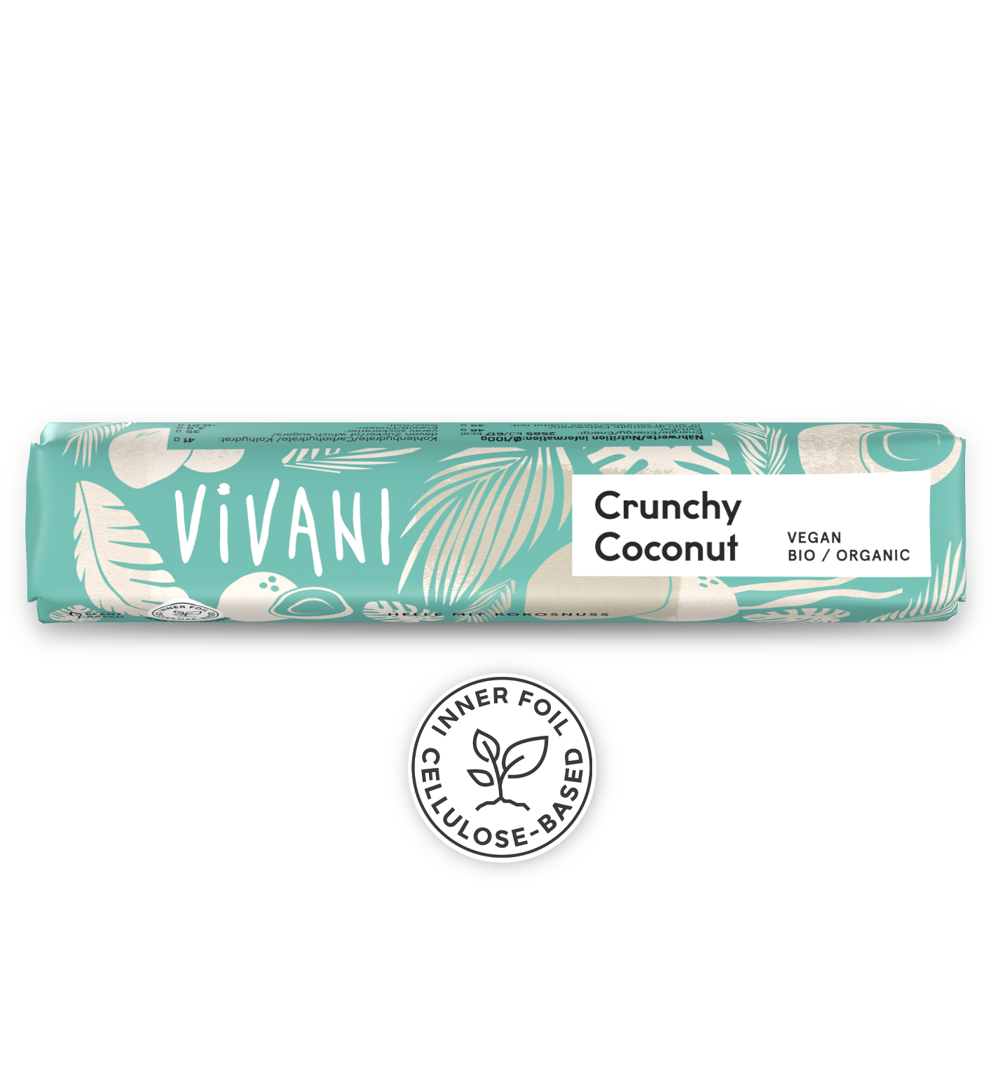 VIVANI's organic and vegan chocolate bar Chrunchy Coconut with coconut paste and roasted coconut flakes