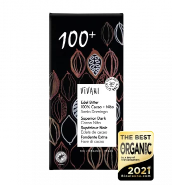 VIVANI's sugar-free organic dark chocolate 100% with cocoa nibs