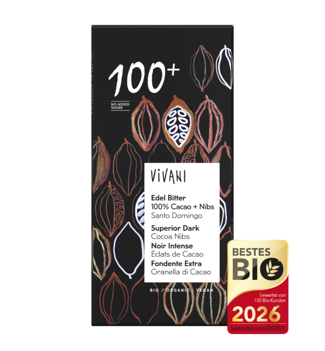 feine-bitter-100-prozent-cacao-nibs-vegan-vivani-bio-schokolade-auszeichnung-bestes-bio VIVANIs zuckerfreie Bio-Schokolade Edel Bitter 100% mit Cacao Nibs und der Auszeichnung Bestes Bio 2026.
