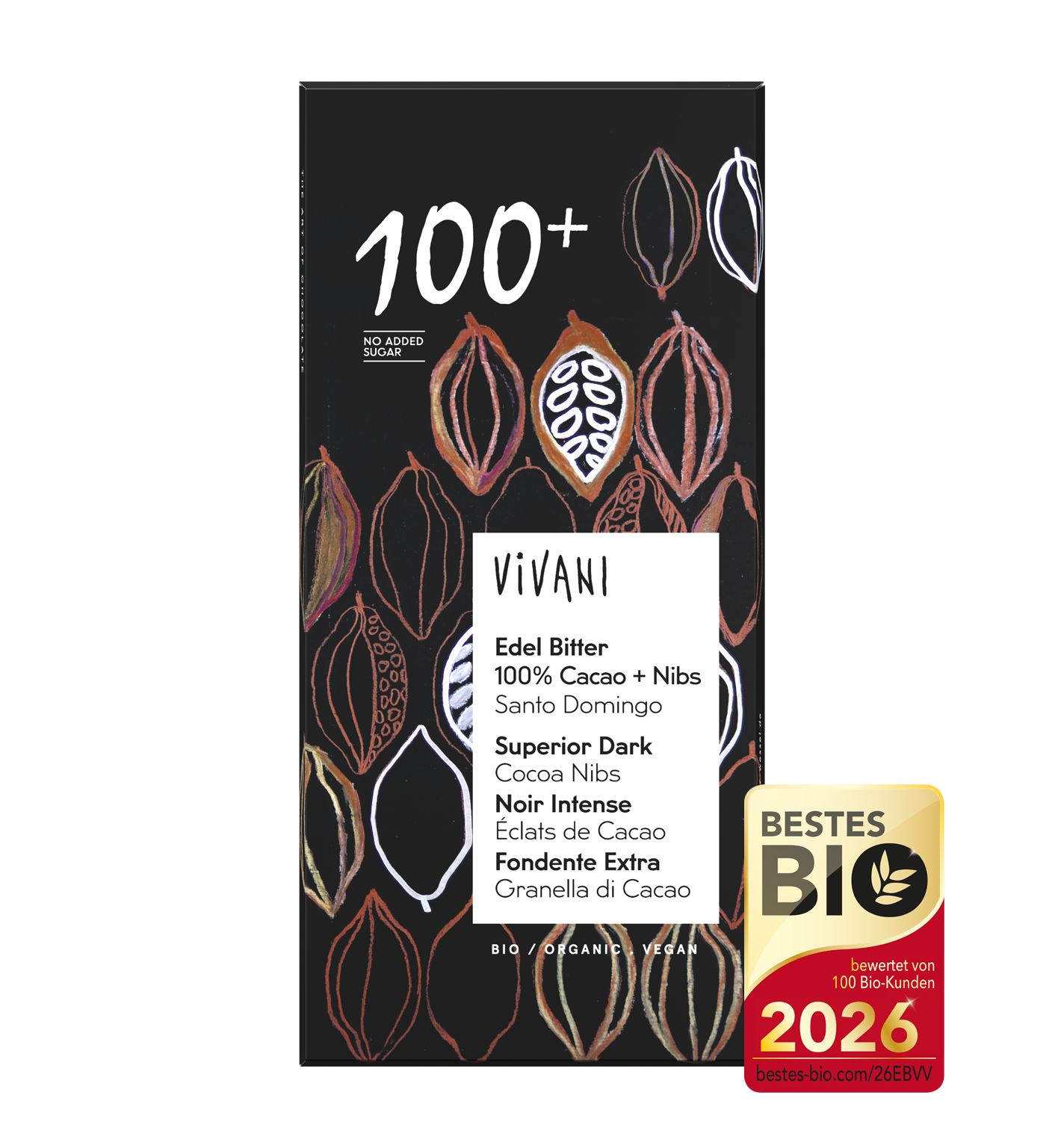 VIVANIs zuckerfreie Bio-Schokolade Edel Bitter 100% mit Cacao Nibs und der Auszeichnung Bestes Bio 2026.