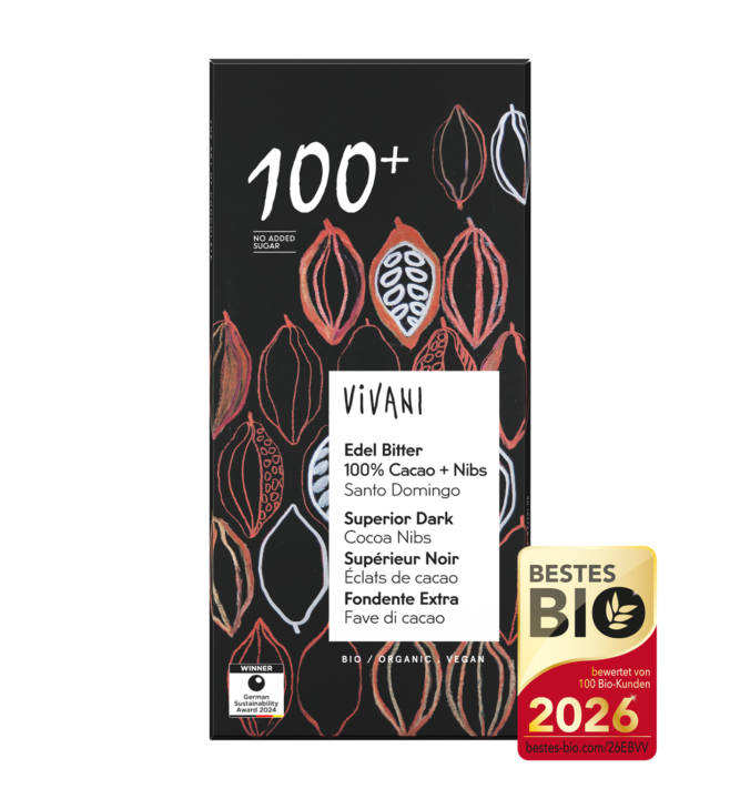 VIVANIs zuckerfreie Bio-Schokolade Edel Bitter 100% mit Cacao Nibs und der Auszeichnung Bestes Bio 2026.