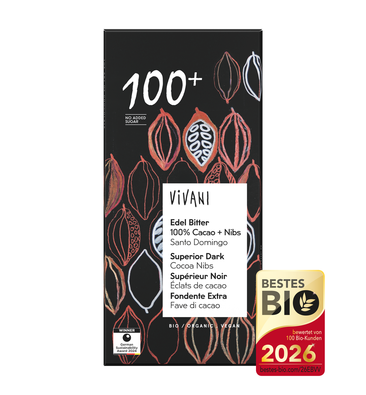 VIVANIs zuckerfreie Bio-Schokolade Edel Bitter 100% mit Cacao Nibs und der Auszeichnung Bestes Bio 2026.
