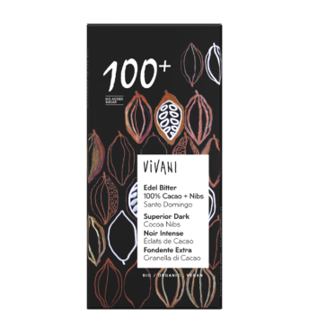 superior-dark-100-percent-cocoa-nibs-vegan-vivani-organic-chocolate VIVANI's sugar-free organic superior dark chocolate 100% with cocoa nibs.