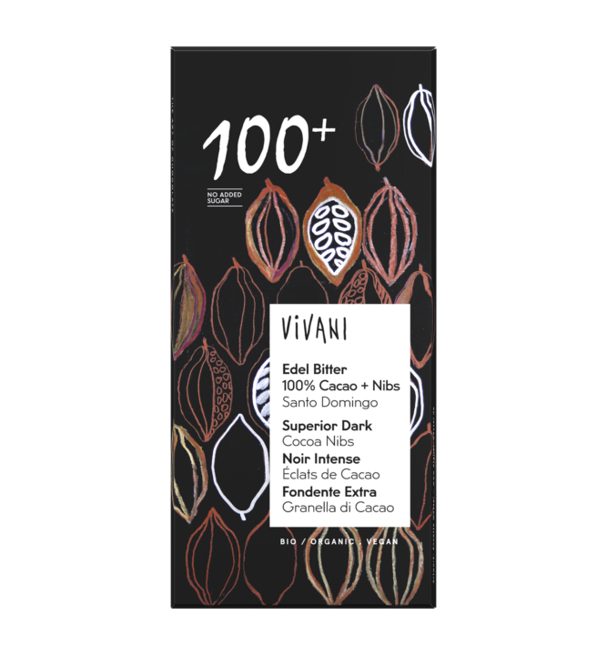 superior-dark-100-percent-cocoa-nibs-vegan-vivani-organic-chocolate VIVANI's sugar-free organic superior dark chocolate 100% with cocoa nibs.