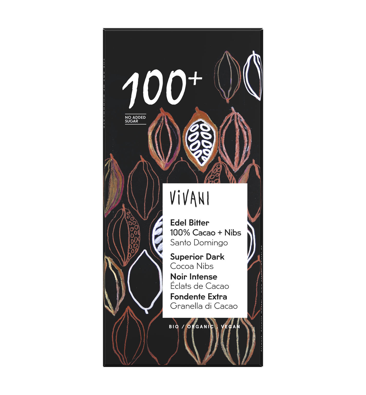 VIVANI's sugar-free organic superior dark chocolate 100% with cocoa nibs.