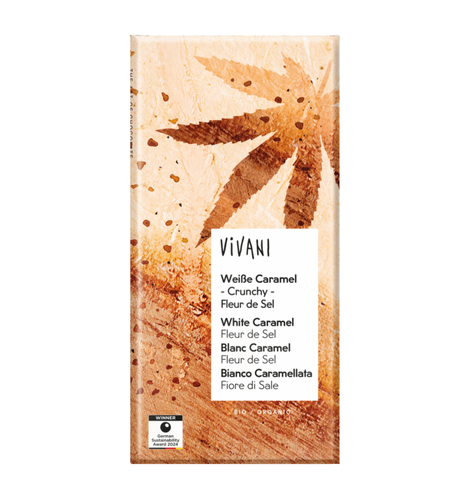 VIVANIs Bio-Schokolade Weiße Caramel Crunchy mit Fleur de Sel und Hanf-Karamell
