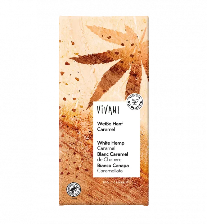 VIVANI's organic White Hemp Caramel Chocolate with a pinch of 