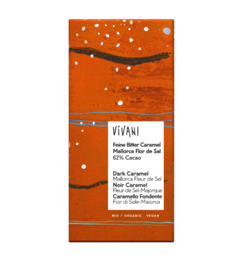 dark-caramel-mallorca-fleur-de-sel-62-percent-cocoa-vegan-vivani-organic-chocolate VIVANI's organic and vegan Dark Caramel Chocolate with natural Fleur de Sel from Mallorca.