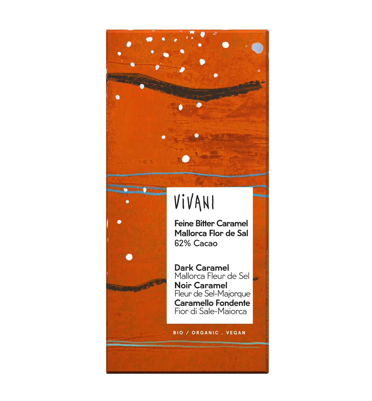 VIVANI's organic and vegan Dark Caramel Chocolate with natural Fleur de Sel from Mallorca.
