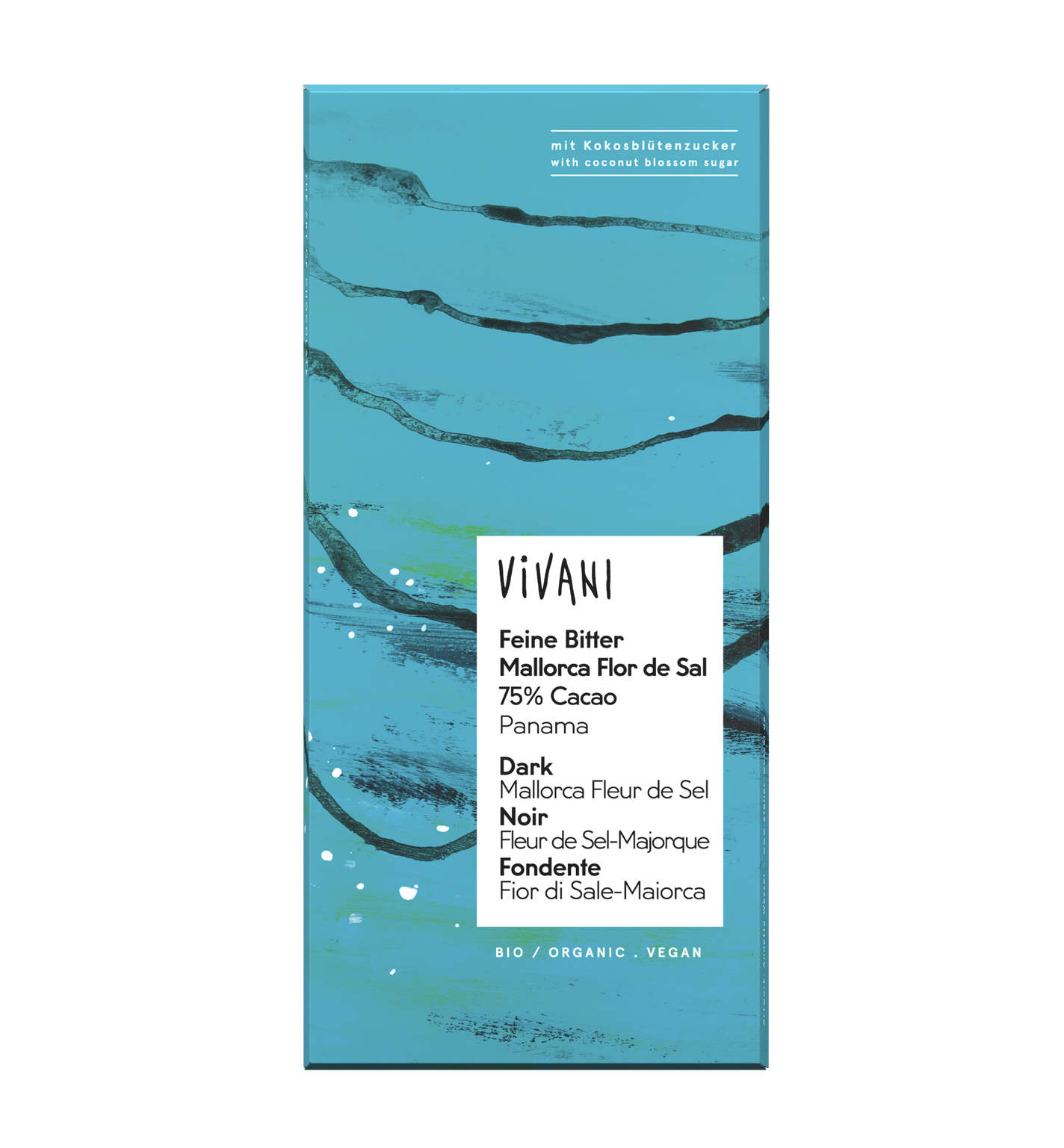 VIVANI's organic and vegan Dark Chocolate with natural Fleur de Sel from Mallorca and coconut blossom sugar.