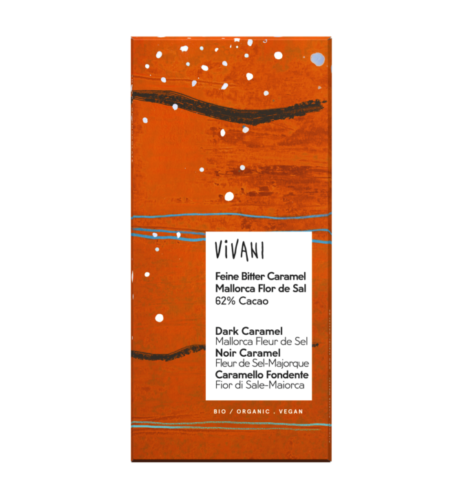 feine-bitter-caramel-mallorca-flor-de-sal-62-prozent-cacao-vegan-vivani-bio-schokolade VIVANIs vegane Bio-Schokolade Feine Bitter mit natürlichem Flor de Sal aus Mallorca, Karamell und Kokosblütenzucker.