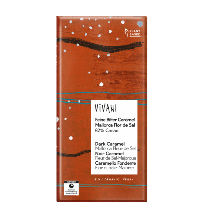 VIVANIs vegane Bio-Schokolade Feine Bitter Caramel mit natürlichem Flor de Sal aus Mallorca