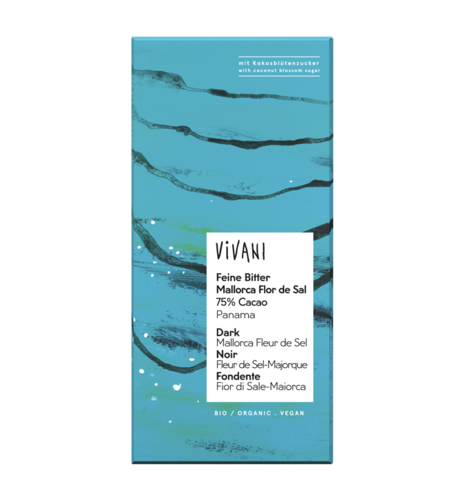 feine-bitter-mallorca-flor-de-sal-75-prozent-cacao-vegan-vivani-bio-schokolade VIVANIs vegane Bio-Schokolade Feine Bitter mit natürlichem Flor de Sal aus Mallorca und Kokosblütenzucker.
