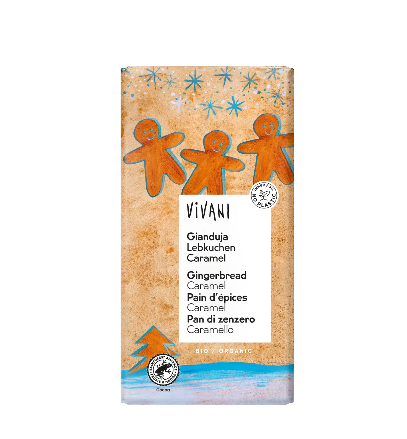 The organic Gianduja Gingerbread Caramel Christmas chocolate from VIVANI contains Christmas spices and gingerbread pieces.