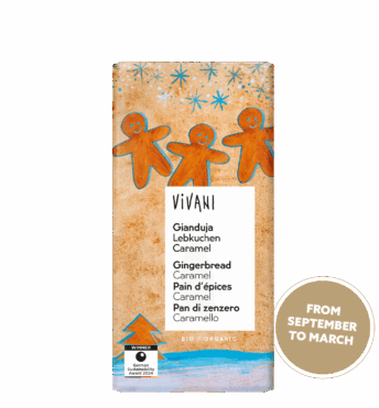 The organic Gianduja Gingerbread Caramel Christmas chocolate from VIVANI contains winter spices and gingerbread pieces.