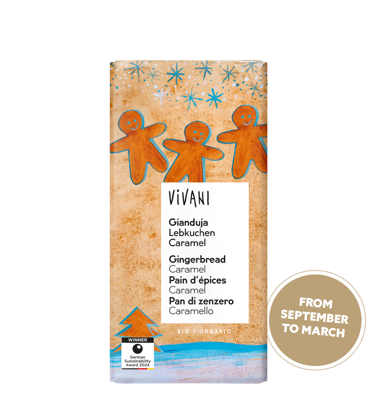 The organic Gianduja Gingerbread Caramel Christmas chocolate from VIVANI contains winter spices and gingerbread pieces.