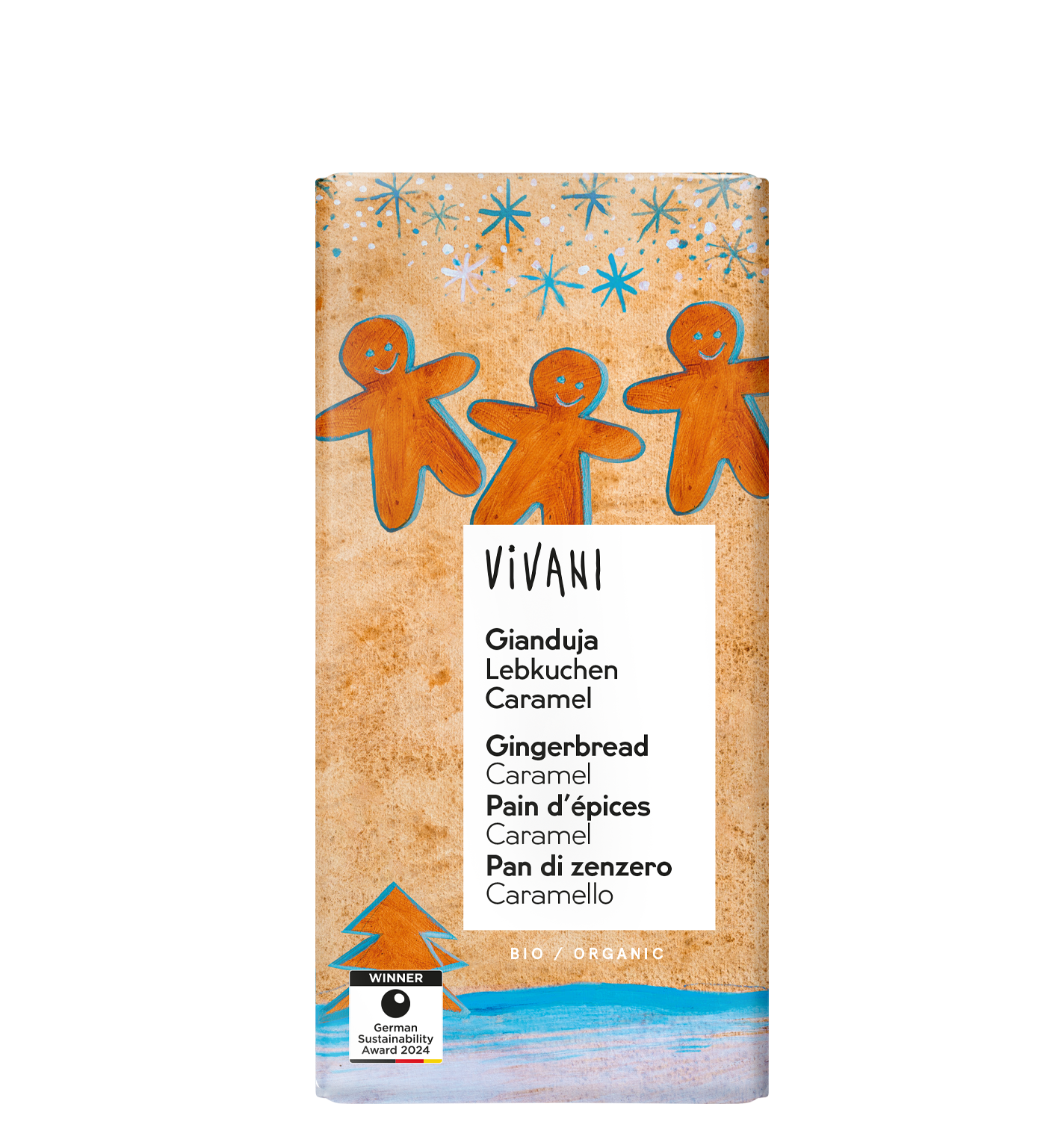 The organic Gianduja Gingerbread Caramel Christmas chocolate from VIVANI contains winter spices and gingerbread pieces