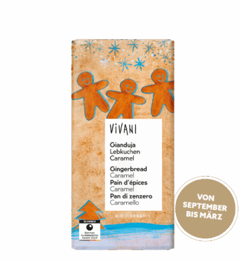 Die Weihnachtsschokolade Gianduja Lebkuchen Caramel von VIVANI Bio-Schokolade enthält winterliche Gewürze und Lebkuchenstückchen.