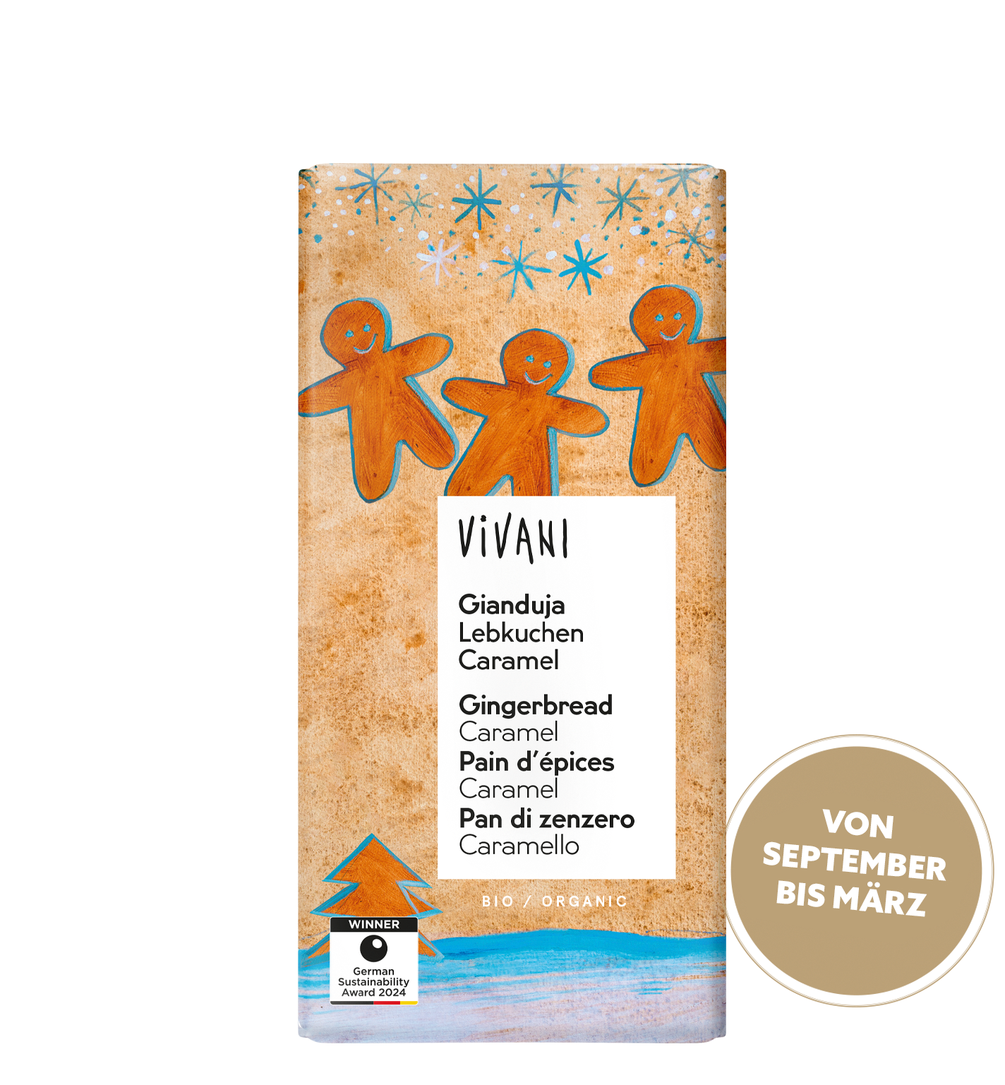 Die Weihnachtsschokolade Gianduja Lebkuchen Caramel von VIVANI Bio-Schokolade enthält winterliche Gewürze und Lebkuchenstückchen.