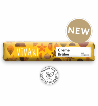 The organic chocolate bar Crème Brûlée from VIVANI with milk cream and pieces of caramel