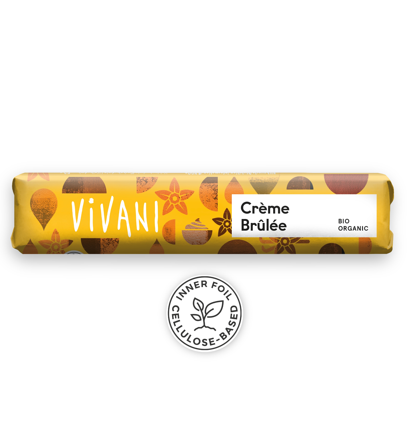 The organic chocolate snack bar Crème Brûlée from VIVANI with milk cream and pieces of caramel.