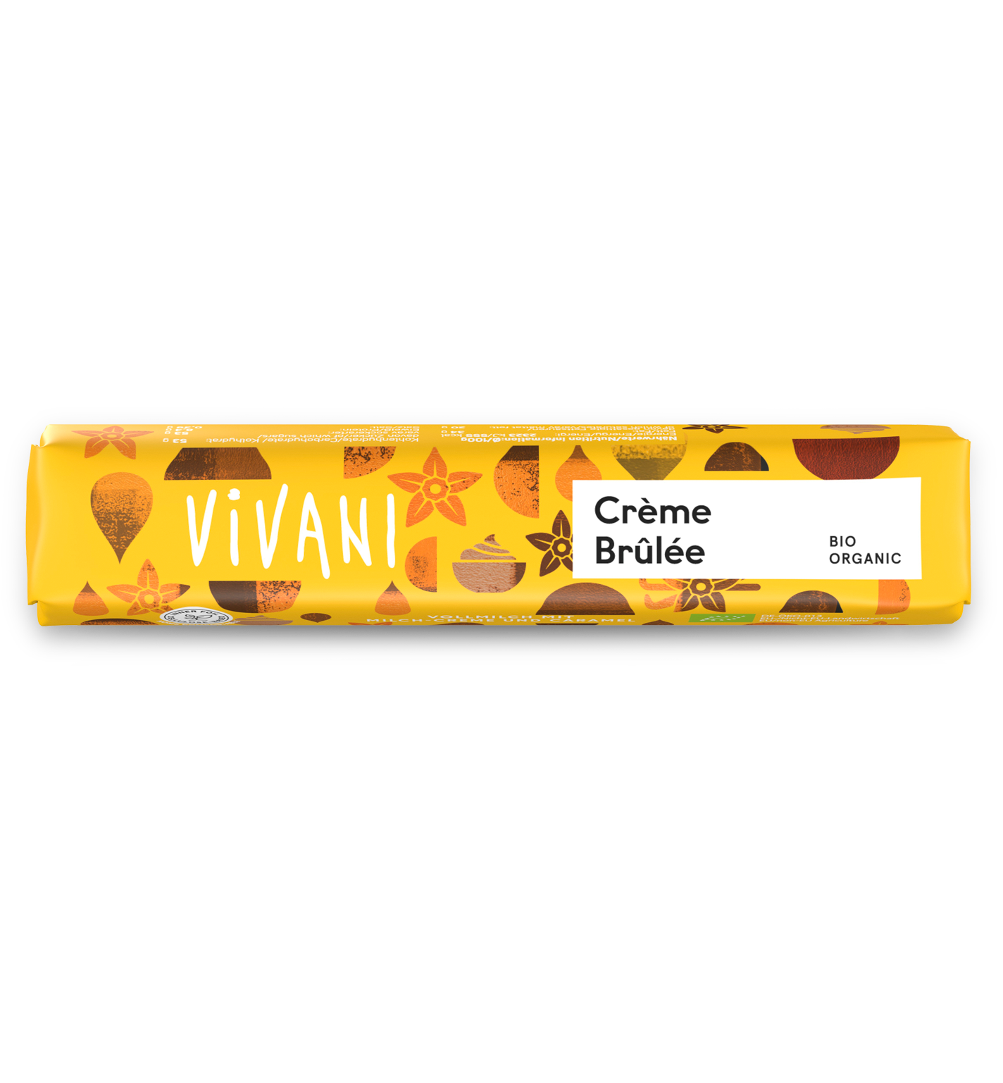 The organic chocolate snack bar Crème Brûlée from VIVANI with milk cream and pieces of caramel.