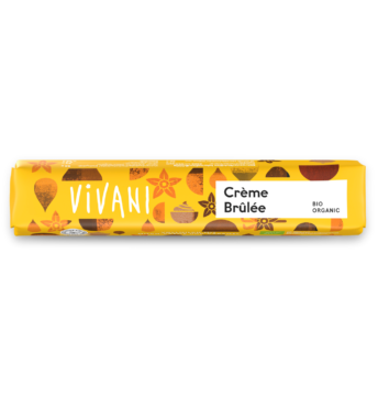 Der Bio-Schokoladenriegel Crème Brûlée von VIVANI mit Milchcreme und Karamellstückchen.