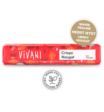 Der Bio-Schokoladenriegel Crunchy Nougat von VIVANI mit Haselnuss-Nougat und Waffelstückchen.