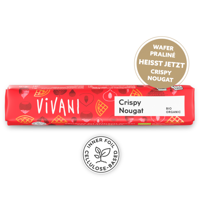 crispy-nougat-riegel-vivani-bio-schokolade Der Bio-Schokoladenriegel Crunchy Nougat von VIVANI mit Haselnuss-Nougat und Waffelstückchen.