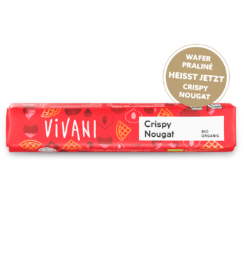 crispy-nougat-riegel-vivani-bio-schokolade-neuer-name Der Bio-Schokoladenriegel Crunchy Nougat von VIVANI mit Haselnuss-Nougat und Waffelstückchen.