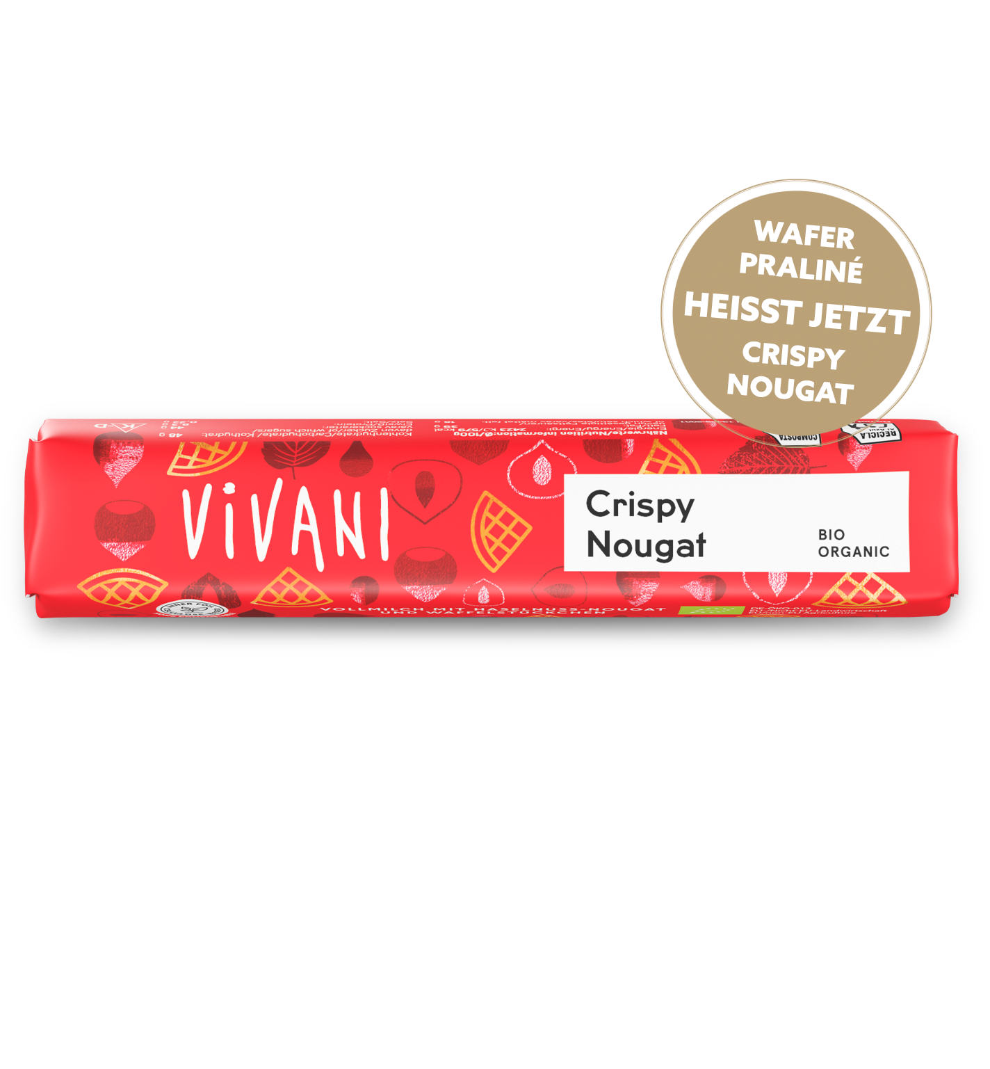 Der Bio-Schokoladenriegel Crunchy Nougat von VIVANI mit Haselnuss-Nougat und Waffelstückchen.