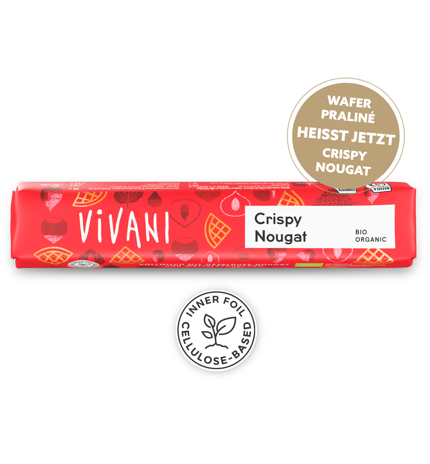 Der Bio-Schokoladenriegel Crunchy Nougat von VIVANI mit Haselnuss-Nougat und Waffelstückchen.