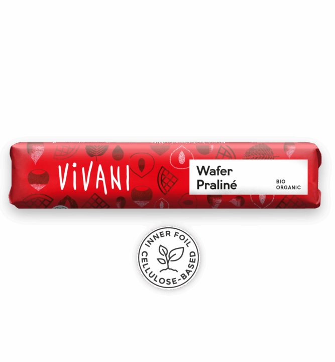 Der Bio-Schokoladenriegel Wafer Praliné von VIVANI mit Haselnuss-Nougat und Waffelstückchen