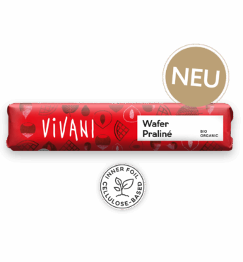 Der Bio-Schokoladenriegel von VIVANI mit Haselnuss-Nougat und Waffelstückchen