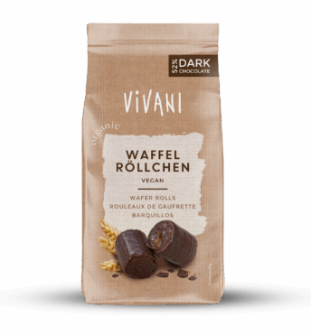 Wafer Rolls with 52% dark chocolate from VIVANI Organic Chocolate.