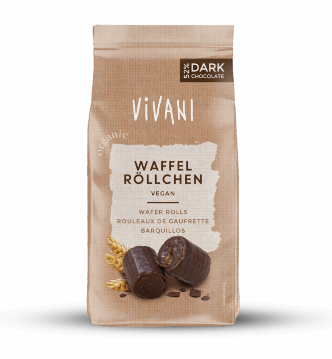 Wafer Rolls with 52% dark chocolate from VIVANI Organic Chocolate.