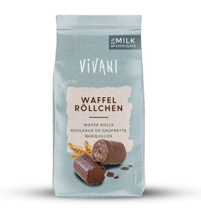 Wafer Rolls with 52% milk chocolate from VIVANI Organic Chocolate.