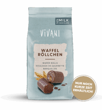 Waffelröllchen von VIVANI Bio-Schokolade mit 52 % Vollmilchschokolade.