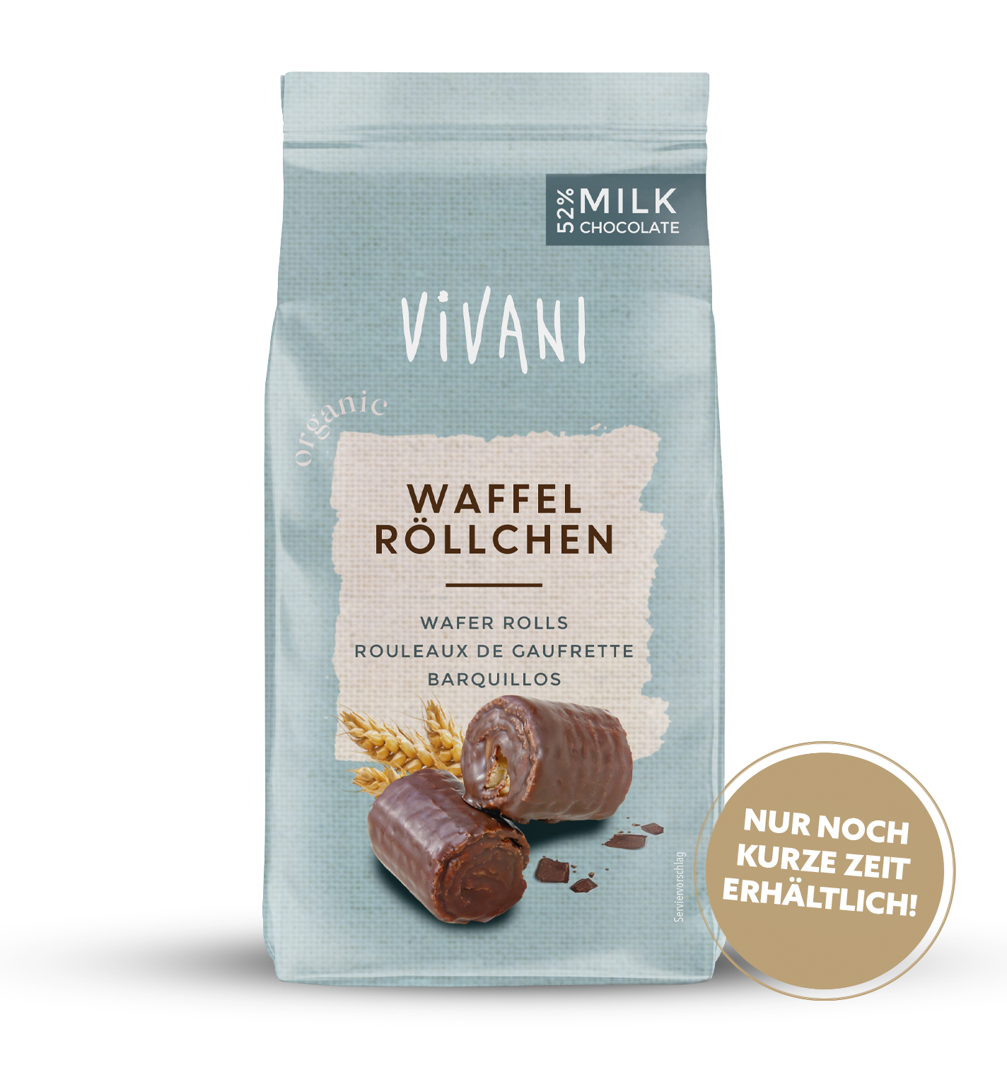 Waffelröllchen von VIVANI Bio-Schokolade mit 52 % Vollmilchschokolade.