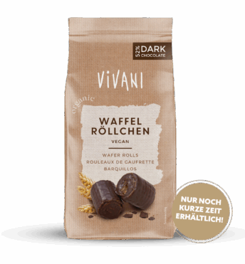 Vegane Waffelröllchen von VIVANI Bio-Schokolade mit 52 % Zartbitterschokolade.