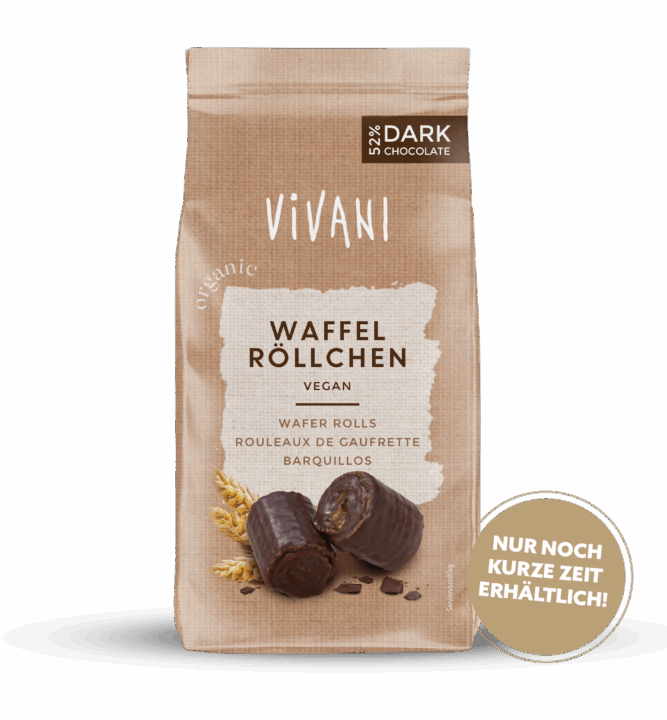 waffelroellchen-zartbitter-vegan-vivani-bio-schokolade-kurze-zeit Vegane Waffelröllchen von VIVANI Bio-Schokolade mit 52 % Zartbitterschokolade.