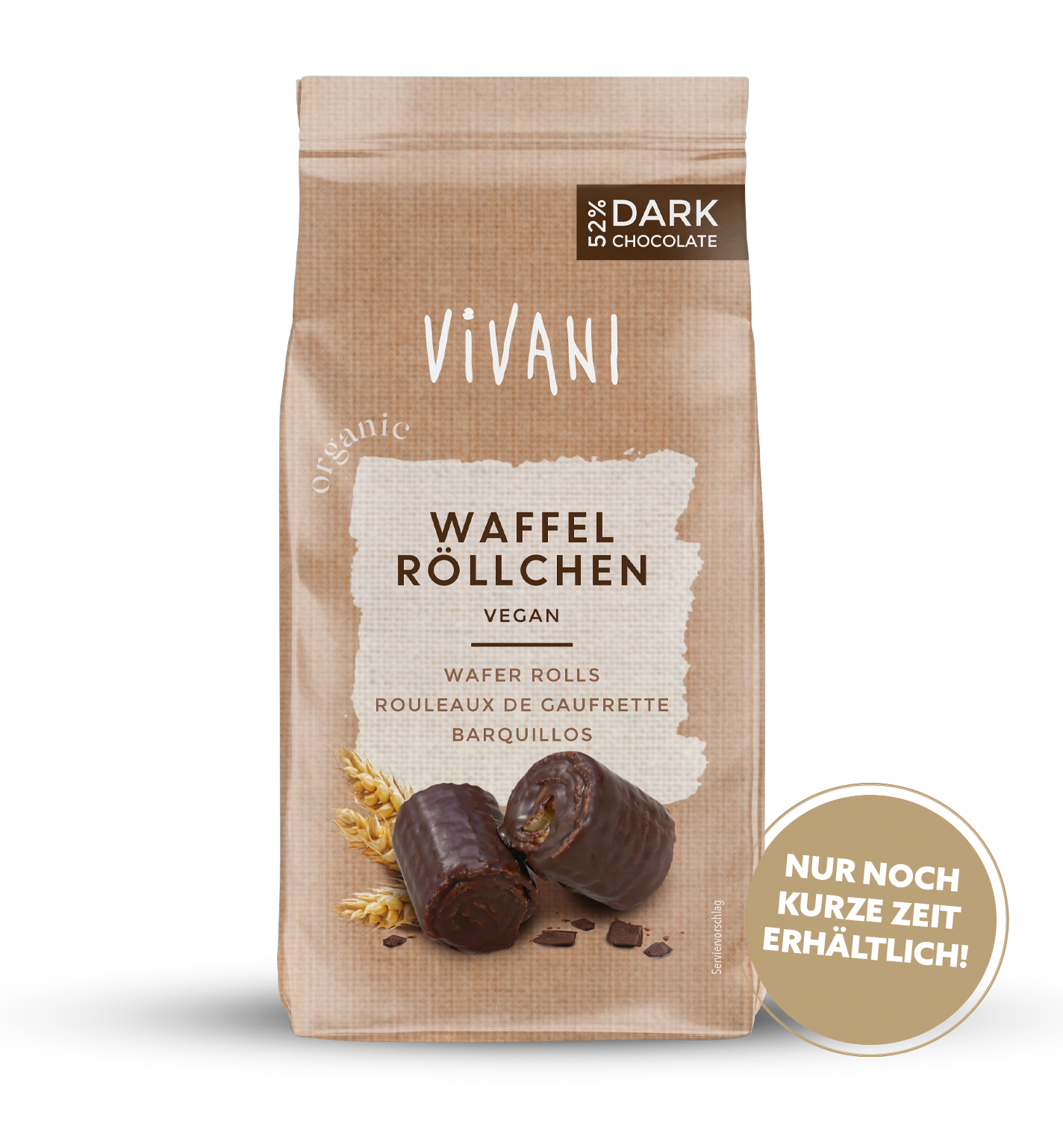 Vegane Waffelröllchen von VIVANI Bio-Schokolade mit 52 % Zartbitterschokolade.
